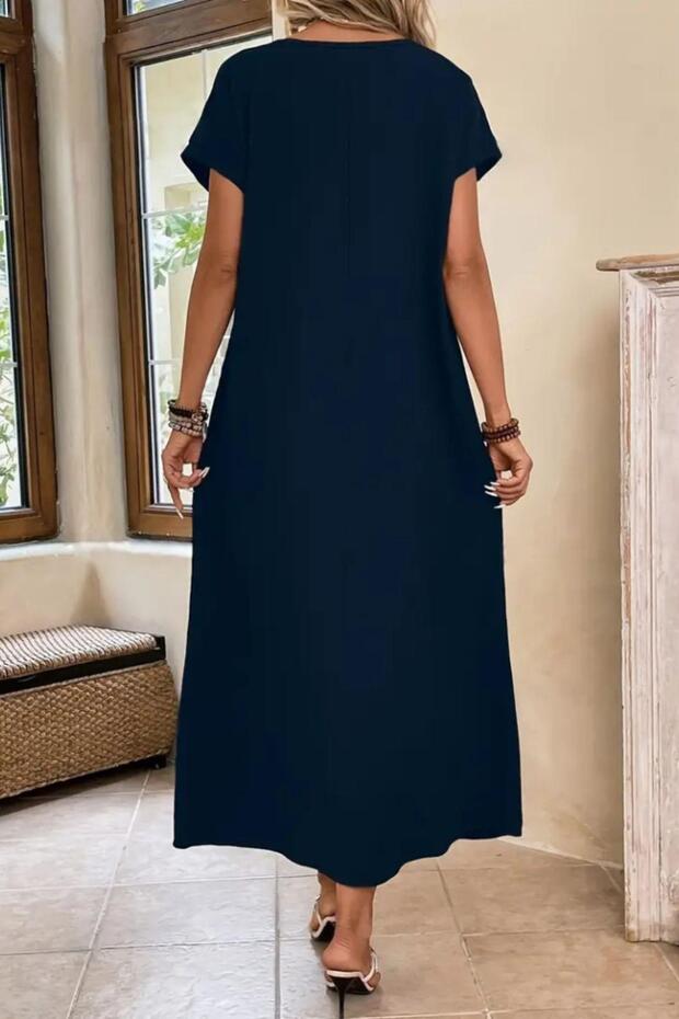 Kısa Kollu Viskon Basic Elbise Lacivert - 3