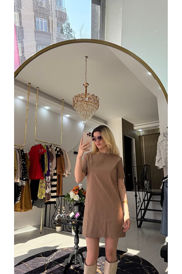 Taba Taşlı Keten Kısa Elbise - 3