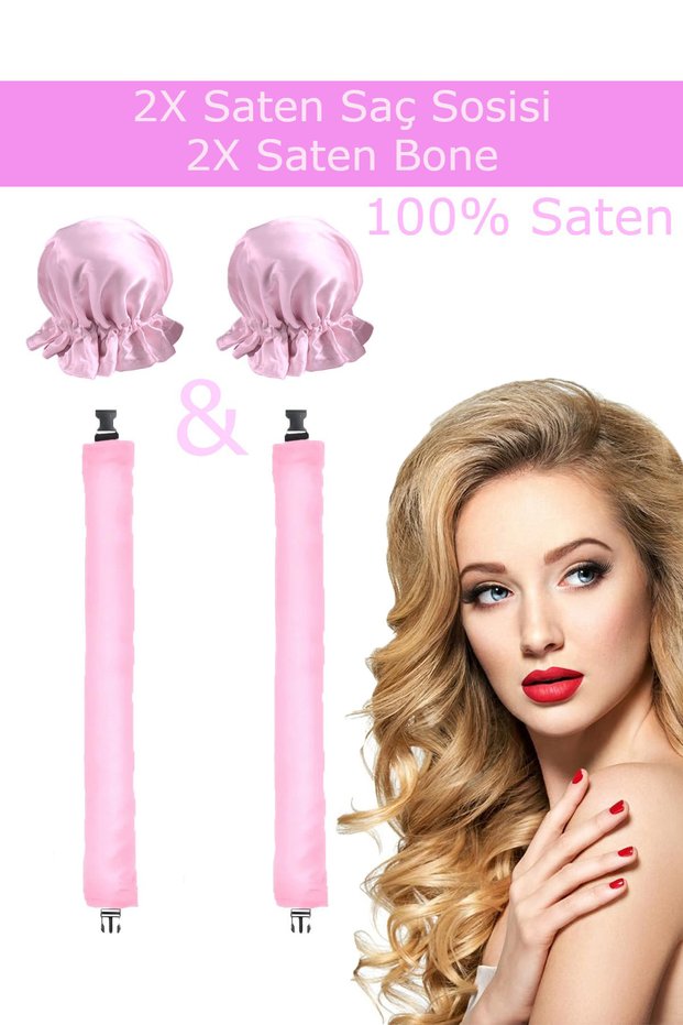 2-Piece Powder Pink Satin Hair Bun Satin Bonnet Set Heat-Free Hair Styling Curler Hair Band