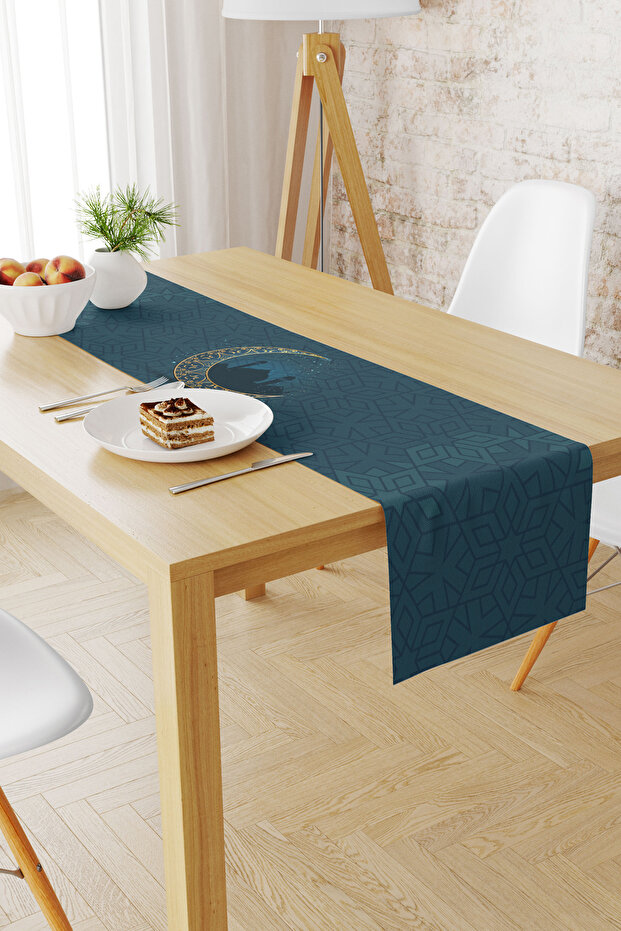 مفرش طاولة بنمط رمضان مقاس 40×140، مفرش طاولة من جلد الغزال بدون خياطة، مفرش طاولة مقاوم للبقع