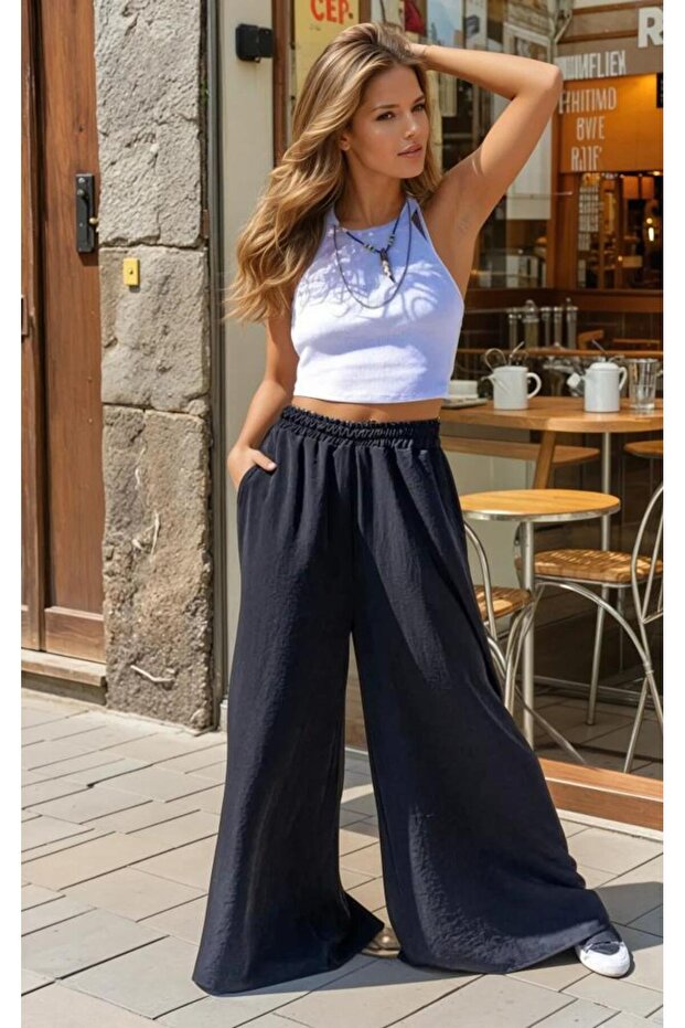 Women's Elastic Waist Pocketed Wide-Leg Casual Oversized Soft-Textured Comfortable Pants 700-3391341