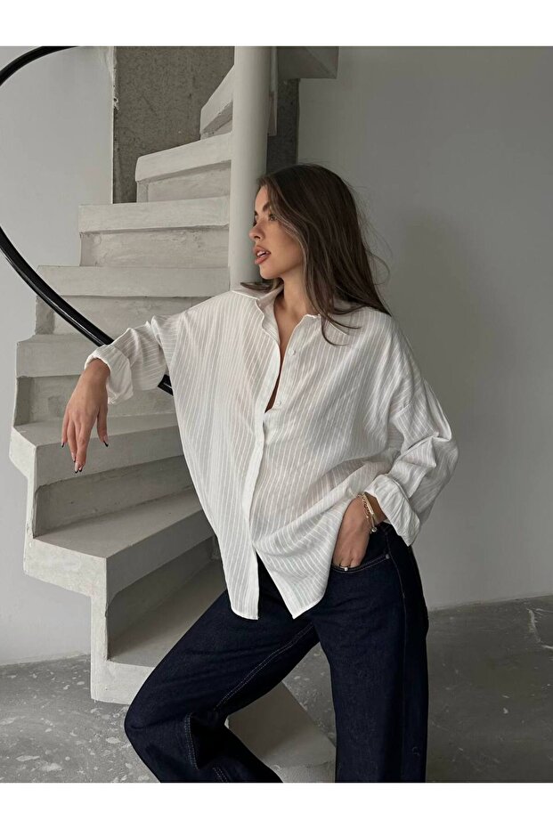Women's Ecru Premium Quality Striped Oversize Tirl Shirt