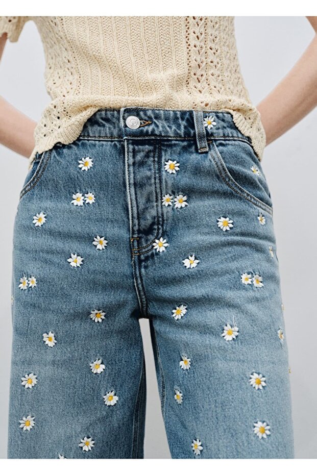Wideleg kot pantolon çiçek işlemeli - 8