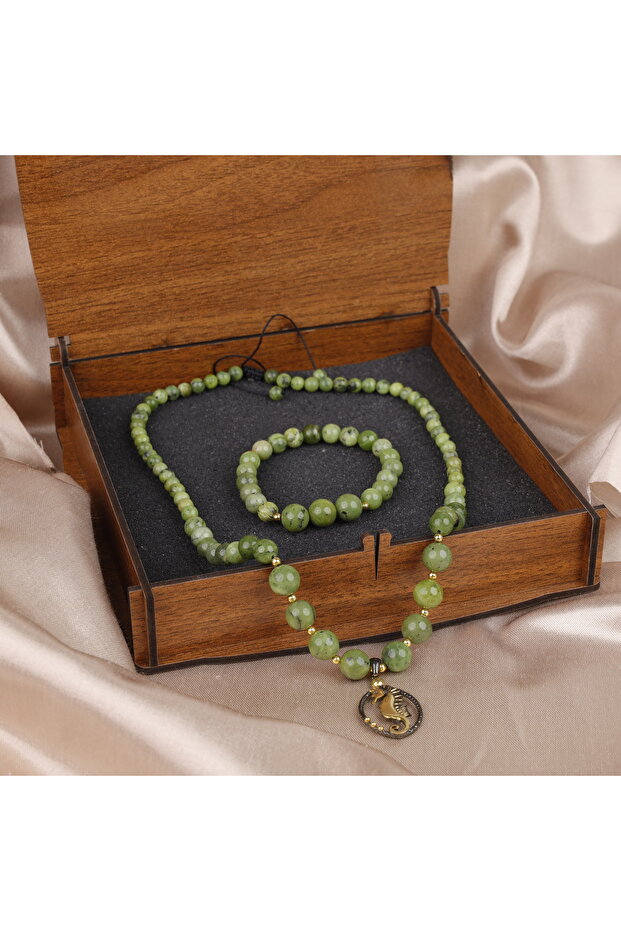 Jade - Hematite Natural Stone and Silver Necklace and Bracelet