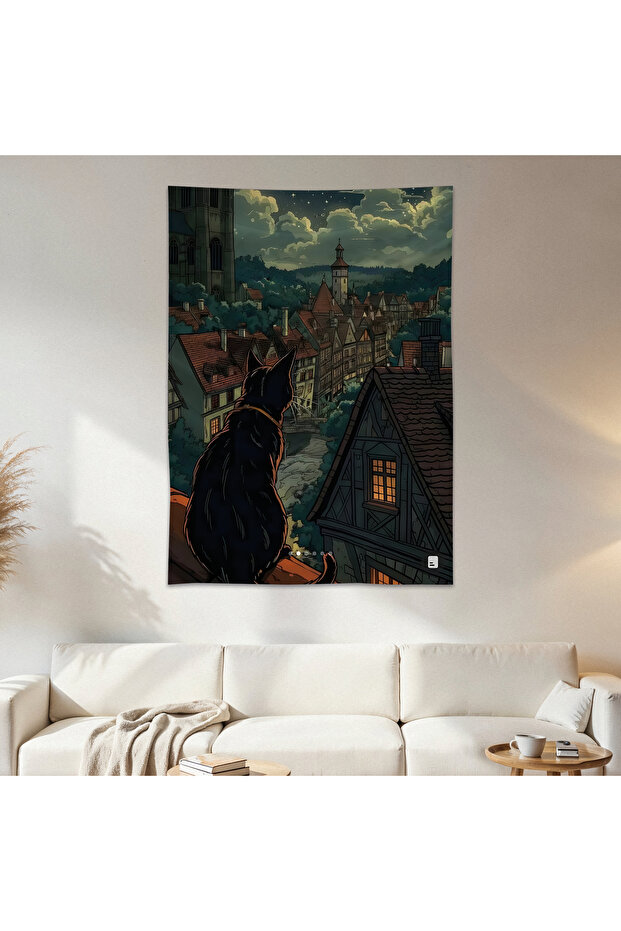 Cat Watching the City Wall Cloth Wall Tapestry First Quality Satin Fabric Poster