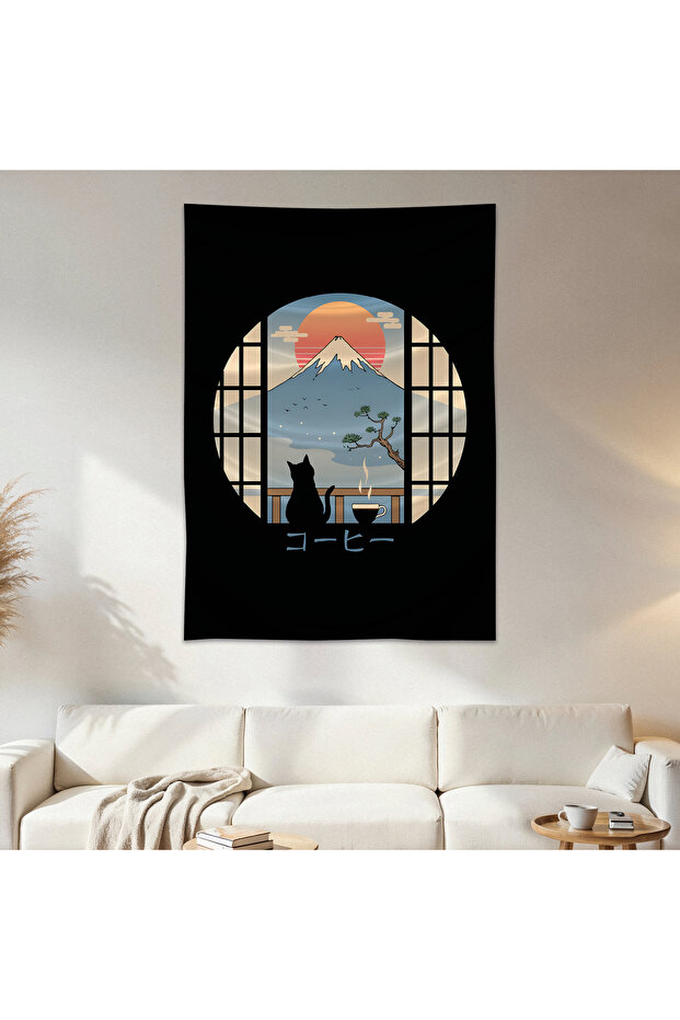 Cat and Sunset Wall Cloth Wall Tapestry First Quality Satin Fabric Poster