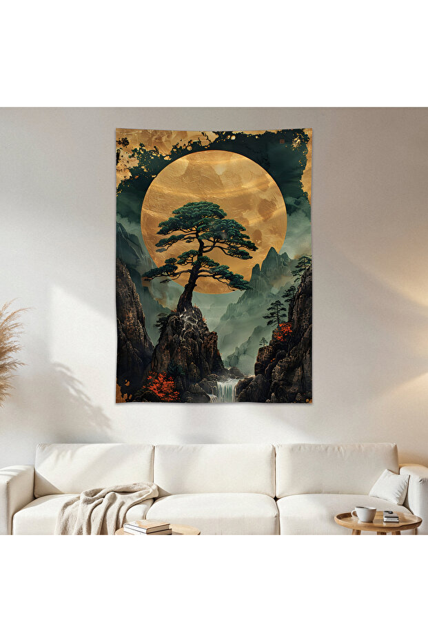 Oil Painting Tree and Sun Wall Cloth Wall Tapestry First Quality Satin Fabric Poster