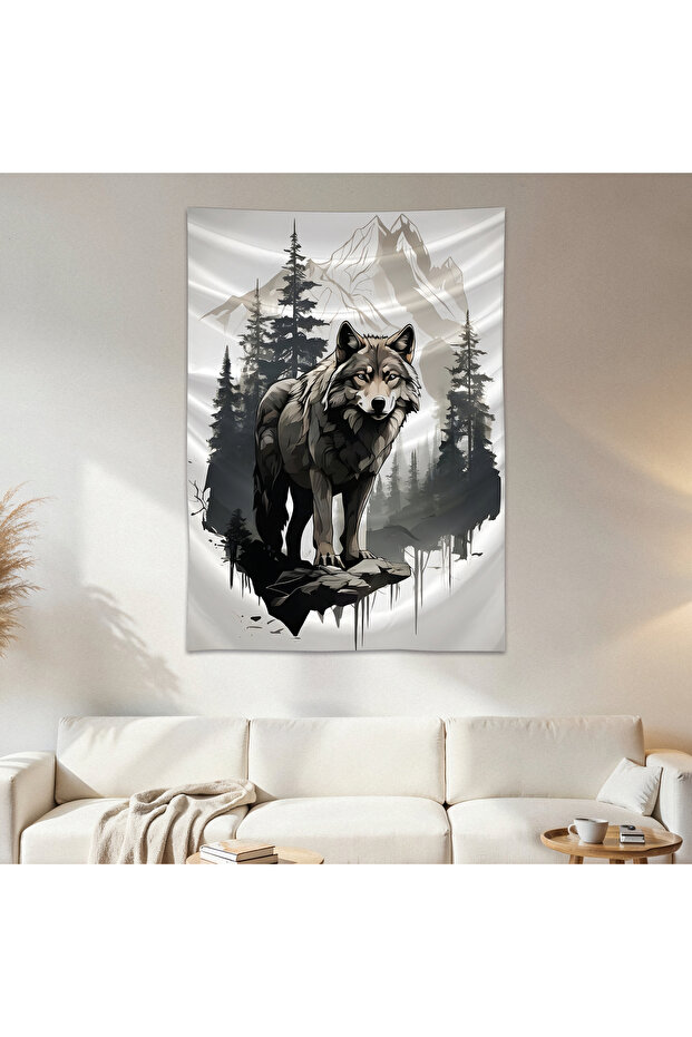 Wolf and Mountain Wall Drape Wall Tapestry First Quality Satin Fabric Poster