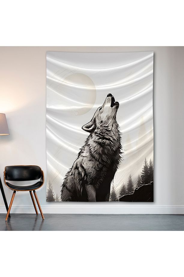 Uluyan Kurt Duvar Örtüsü Duvar Halısı Birinci Kalite Saten Kumaş Poster - 2