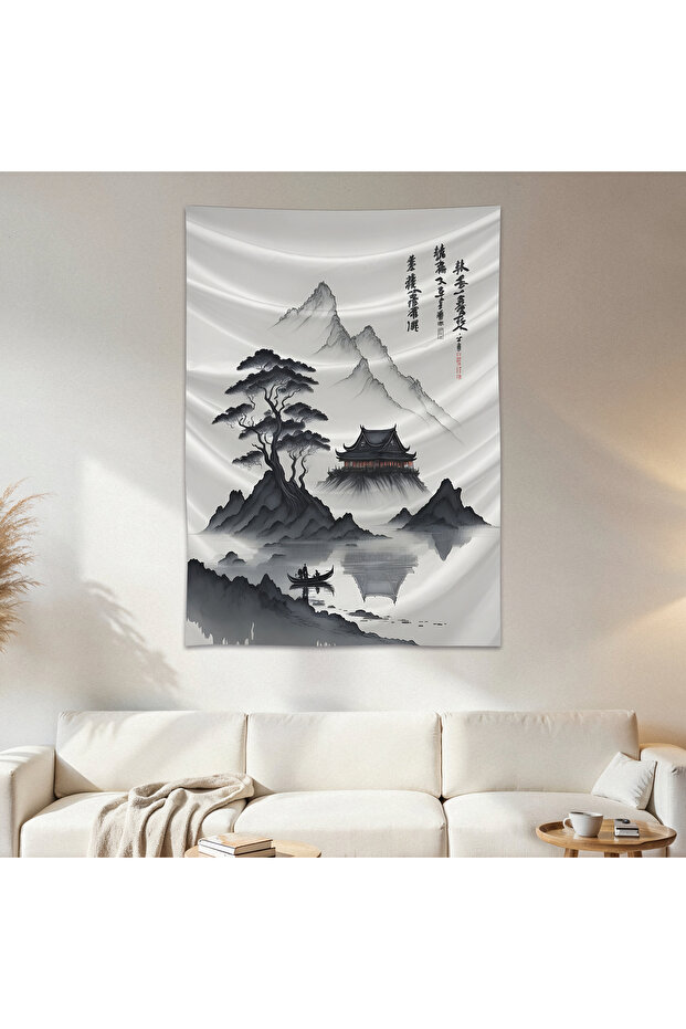 Japanese House and Mountain Wallcloth Wall Tapestry First Quality Satin Fabric Poster