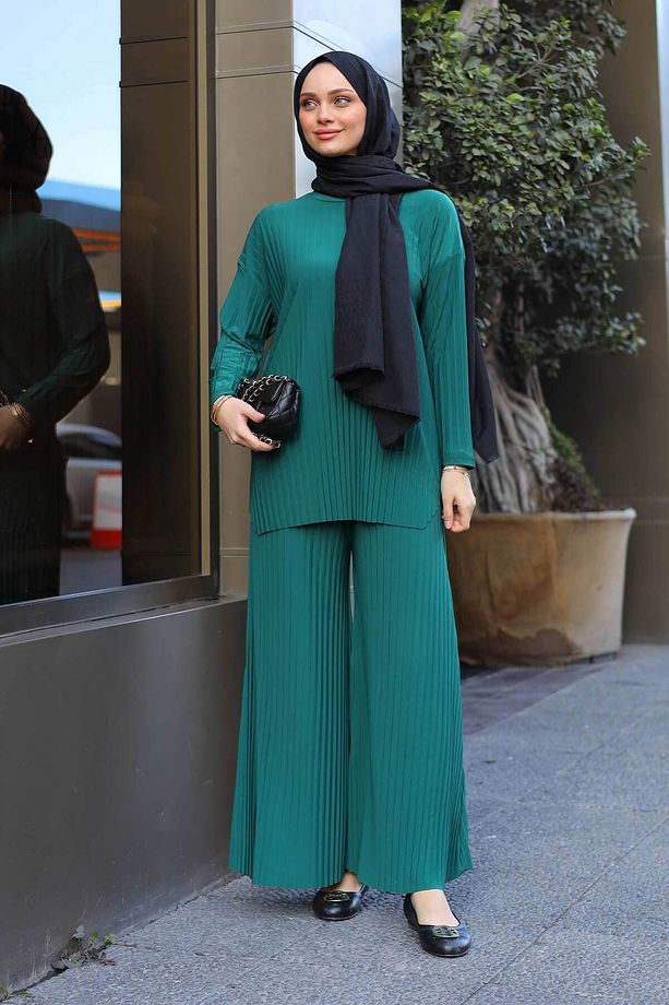 Piliseli Sandy Bluz Pantolon Takım Zümrüt - 4