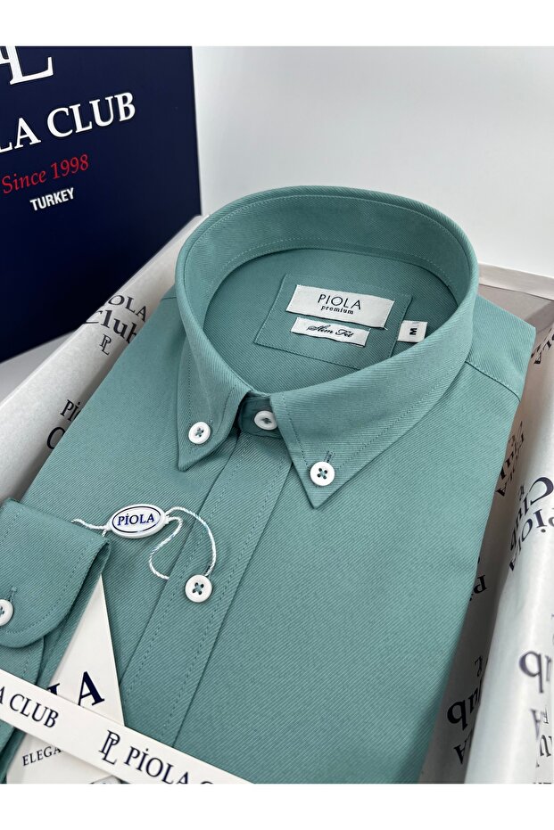 Men's Shirt Slim Fit Lapel Button Soft Textured Gabardine (Petrol Green)