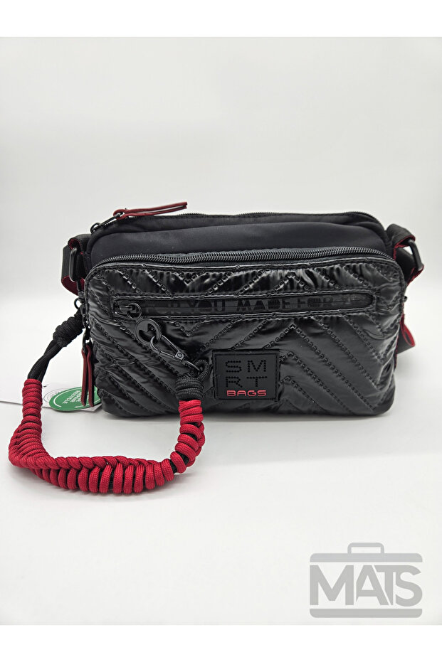 Smart Bags Parachute Satin Fabric 3249 Black Red Shoulder Bag