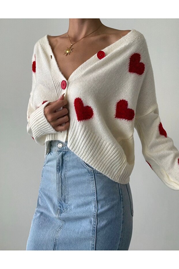 Women's Ecru Cherry Pattern Cardigan