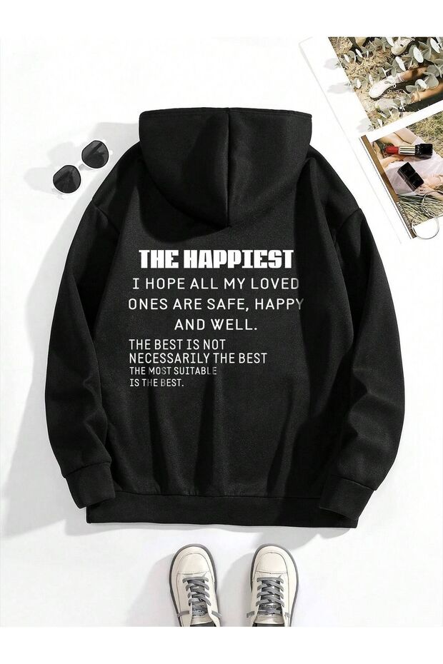 3 İplik the Happiest Thick Winter Sweatshirt - Black Printed Oversize Hooded Hoodie