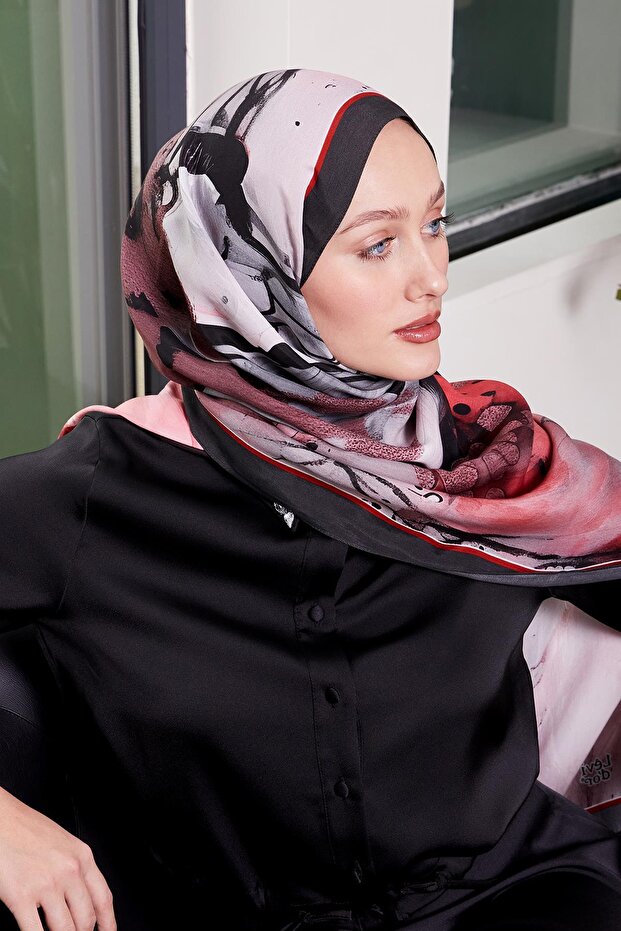 Nar Çiçeği Ebruli Desen Royal Şal - 2