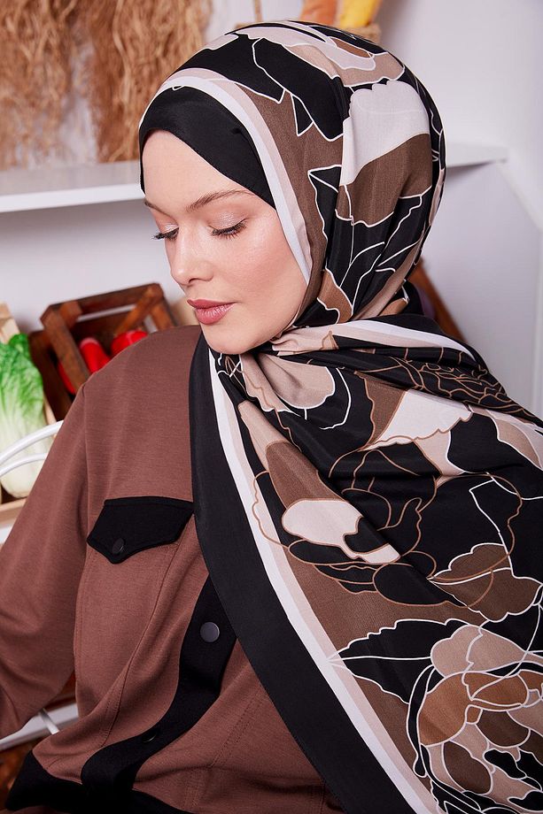 Siyah-Vizon Çiçek Desen Royal Şal - 3