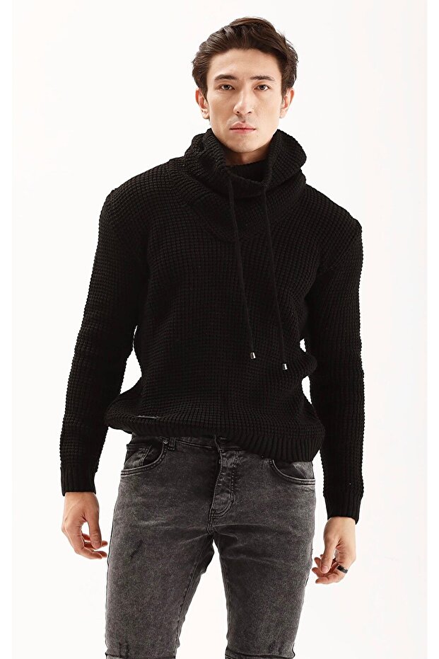 Erkek Siyah Boğazlı Örme Triko Kazak - 4