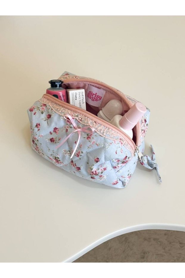 Pink Crispy Floral Makeup Bag Small Size Zippered Portfolio Bag with Lace Ribbon
