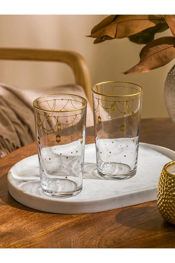 LCW HOME Sarı Baskılı Cam Su Bardağı Seti 2'li 570 Ml - 2