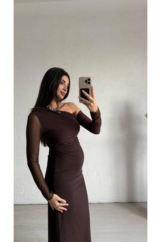 Tek Omuz Desenli Maxi Boy Tül Elbise - 4