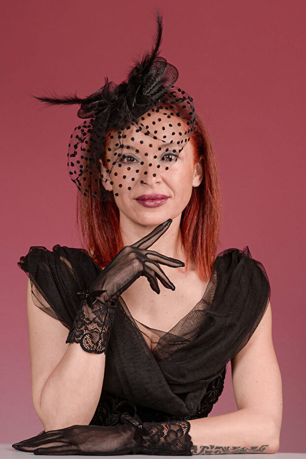 Black Polka Dot Bridal Cap Wedding Hat And Lace Wrist Bridal Gloves Combine Set