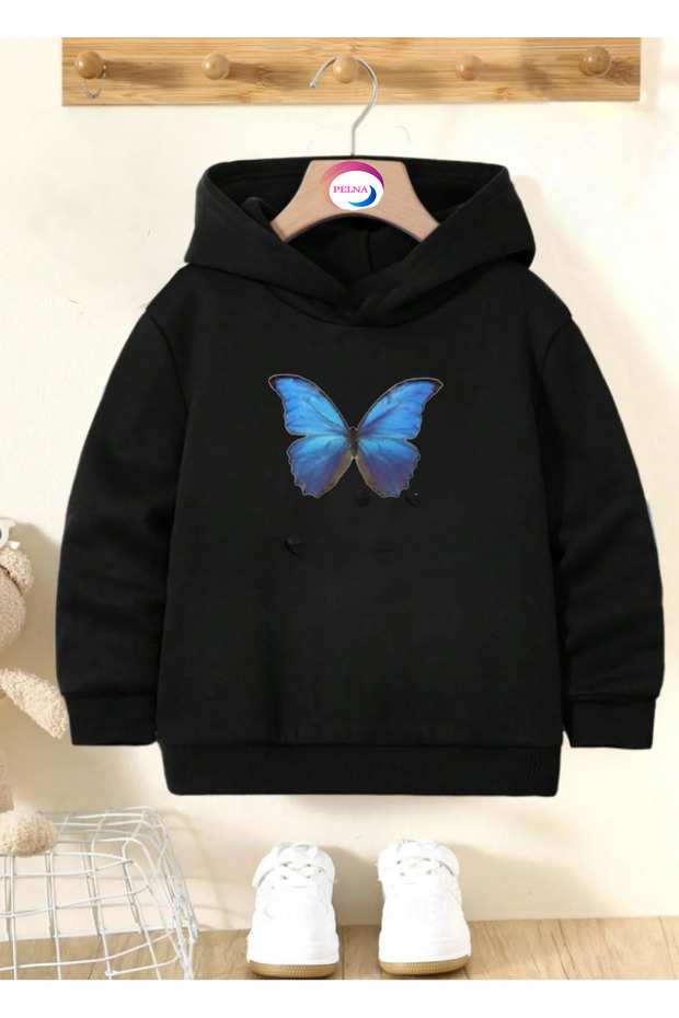Cotton Special Design Blue Butterfly Printed Children's Hooded Sweatshirt