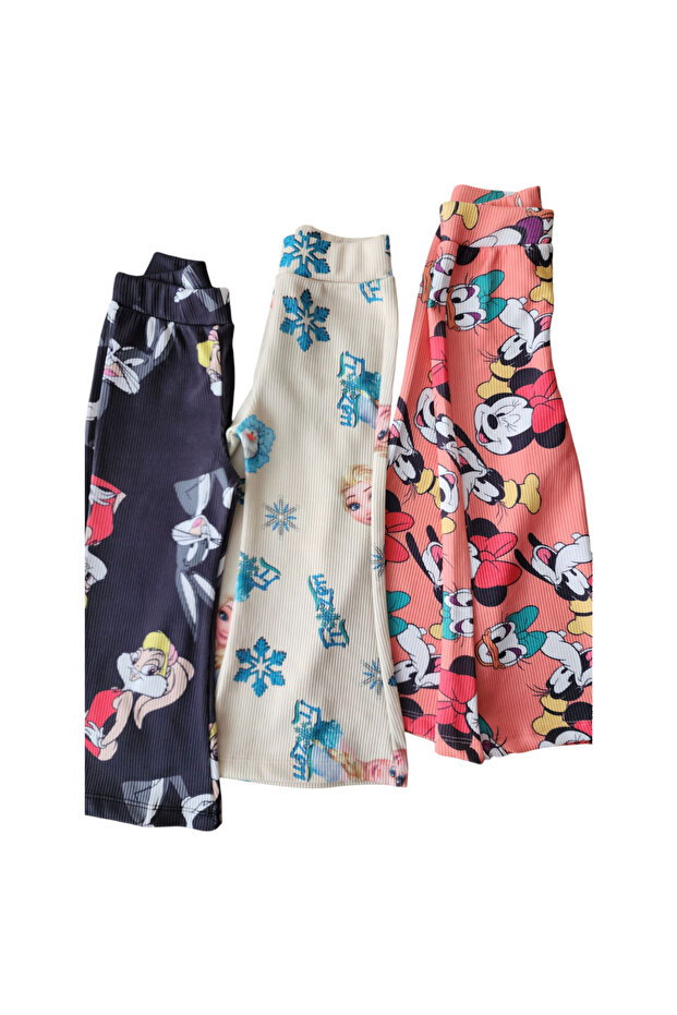 3 Adet Minnie Mouse Lola Bunny Desenli Fitilli Kız Çocuk İspanyol Paça Tayt - 3