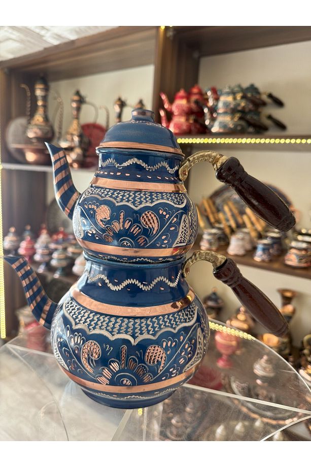Erzincan Işlemeli Gerçek Bakır Çaydanlık - Demlik Seti 6 Kişilik El Yapımı Kalaylı Mavi - 2