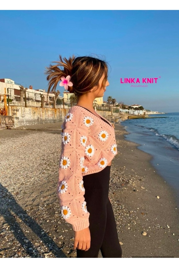 El yapımı örgü,motif mevsimlik hırka,Ayçiçeği çiçekli hırka - 5