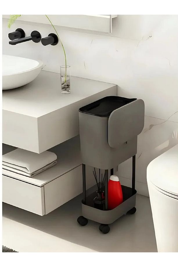 15 Litre Antrasit Tek Raf Üniteli Tekerlekli Fonksiyonel Kapaklı Banyo Ve Mutfak Çöp Kovası Lüks - 1