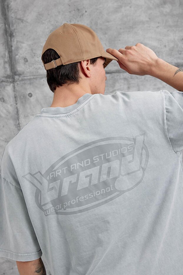 Men's T-Shirt Brand Written Washable Gray Oversize Printed Crew Neck Thick Cotton Fabric