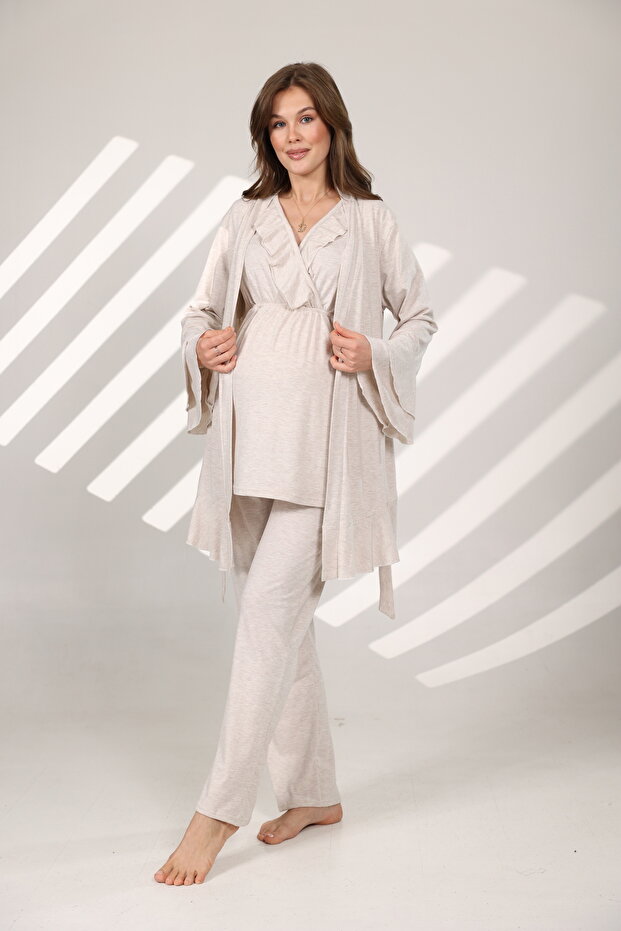 Melange Soft Textured Double Breasted Pajama Set with Dressing Gown