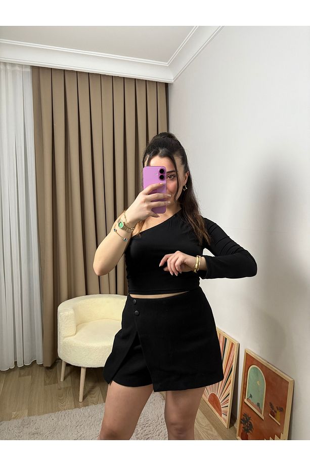 Asimetrik Tek Omuz Crop Top - 2