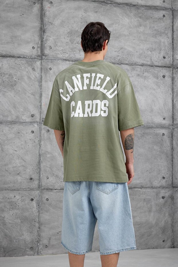 Men's T-Shirt Canfield Card Written Green Oversize Printed Crew Neck Thick Cotton Fabric