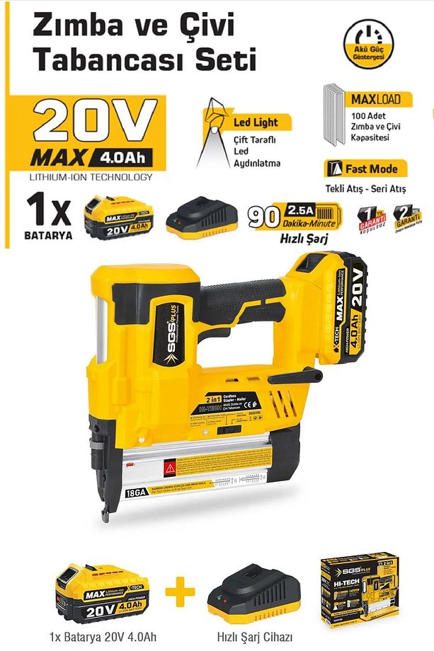 20V Şarjlı Zımba ve Çivi Çakma Tabanca Seti Akülü Çivi Zımba Çakma 1x4.0Ah - 4