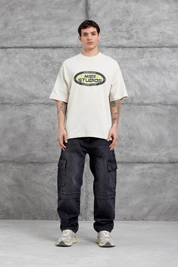 Men's Cream M99 Studio Written Oversize Tshirt - 2