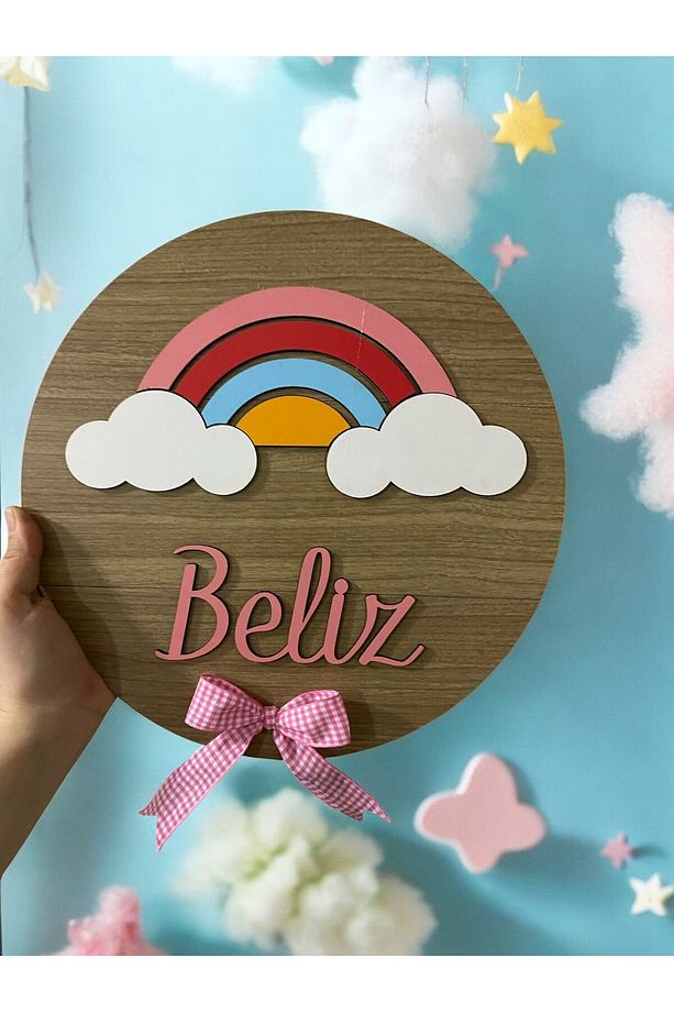 Rainbow Gökkuşağı Desenli Kişiye Özel Çocuk ve Bebek Odası  Ahşap Kapı ve Duvar Süsü. (Gökkuşağı 01) - 1