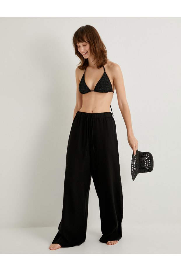 Linen Comfortable Patterned Wide Leg Trousers - Waist Tied