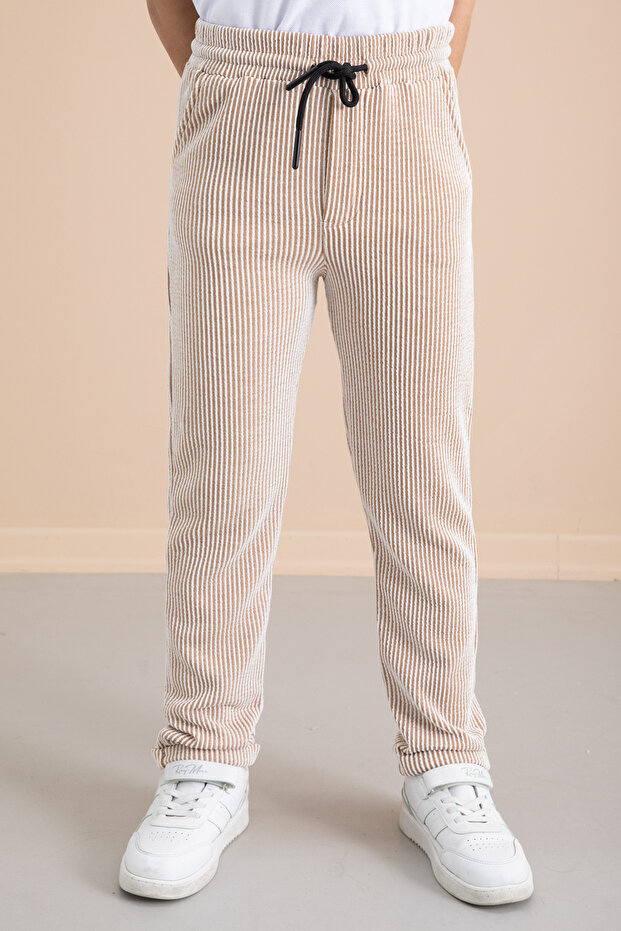 Ribbed Tan Striped Boy's Elastic Waist Trousers 20376