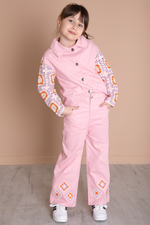 Pink Embroidery Detailed Sleeves Lace Girls Bottom Top Suit 20336