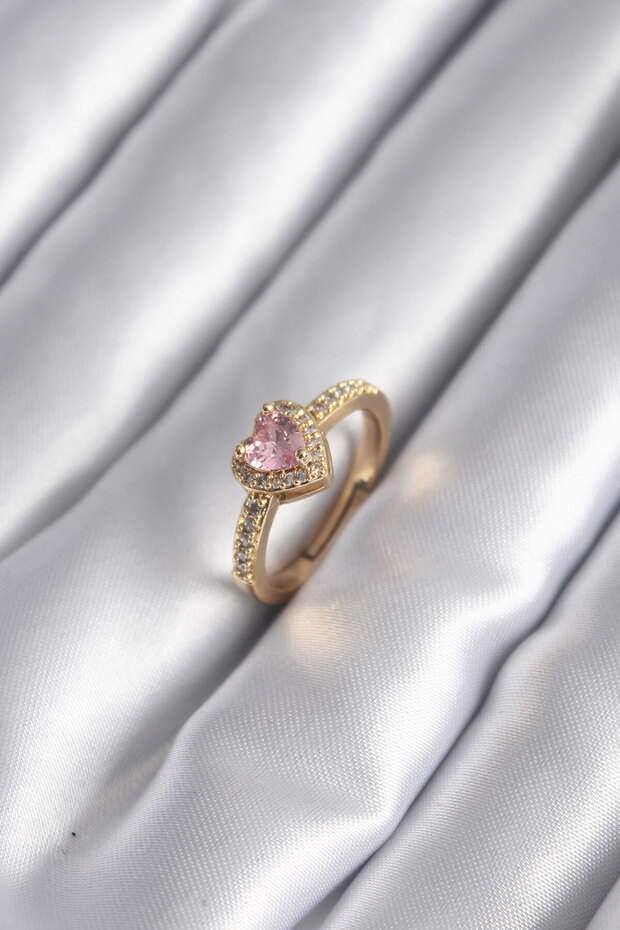 Brass Gold Color Pink Zircon Stone Heart Charm Model Women's Ring - Lisinya