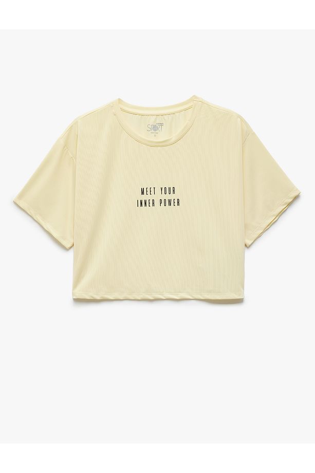 Slogan Baskılı Kısa Kollu Bisiklet Yaka Spor Crop Tişört - 3