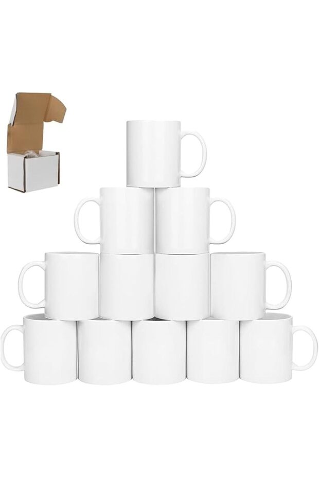 Blank White Large Handled Coffee Mugs, 450ML, Pack of 12 with Boxes