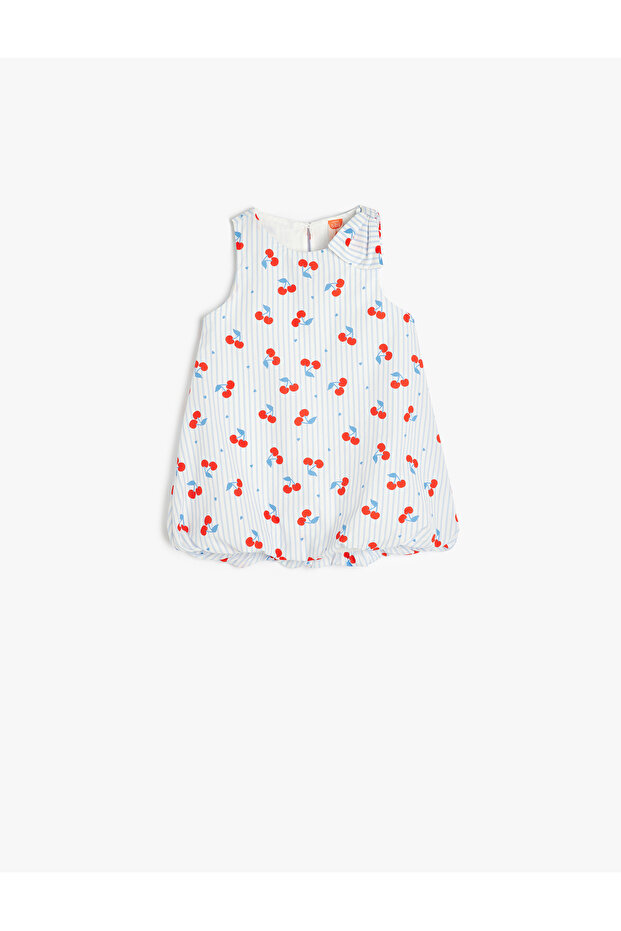 Cherry Print Sleeveless Cotton Dress with Bow Detail