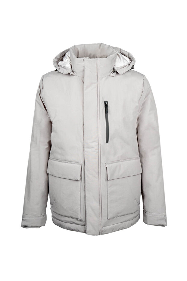 Gri Regular Fit Hakim Yaka Kapüşonlu Kaban - 1