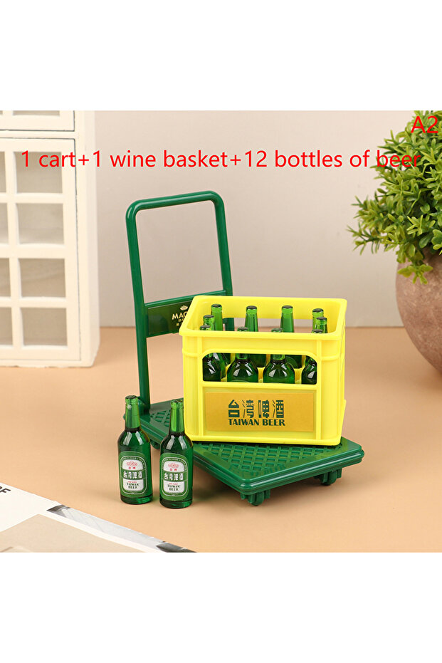 A2 Dollhouse Mini Simulation Beer Drinks with Basket & Trolley Cart 1/12 Scale Model Mini Furniture