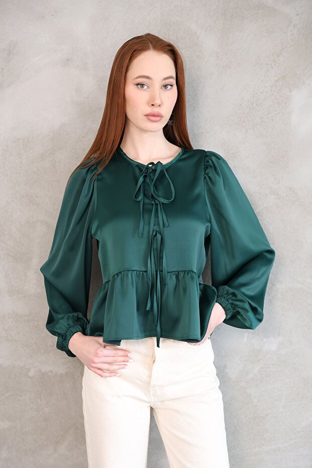 Collar Bias Skirt Gathered Tunic-Emerald Green