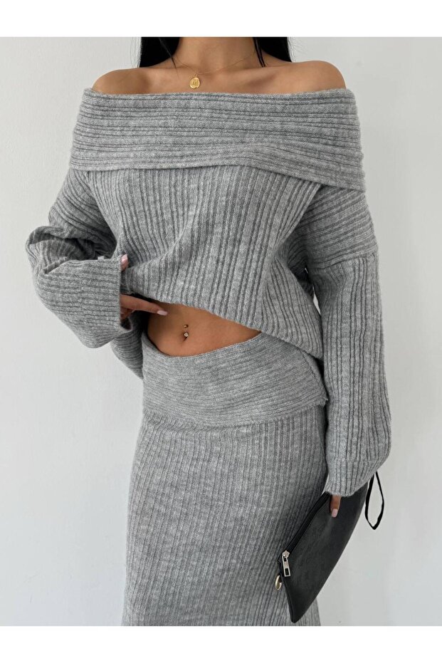 Madonna Collar Women's Knitting Long Skirt Suit