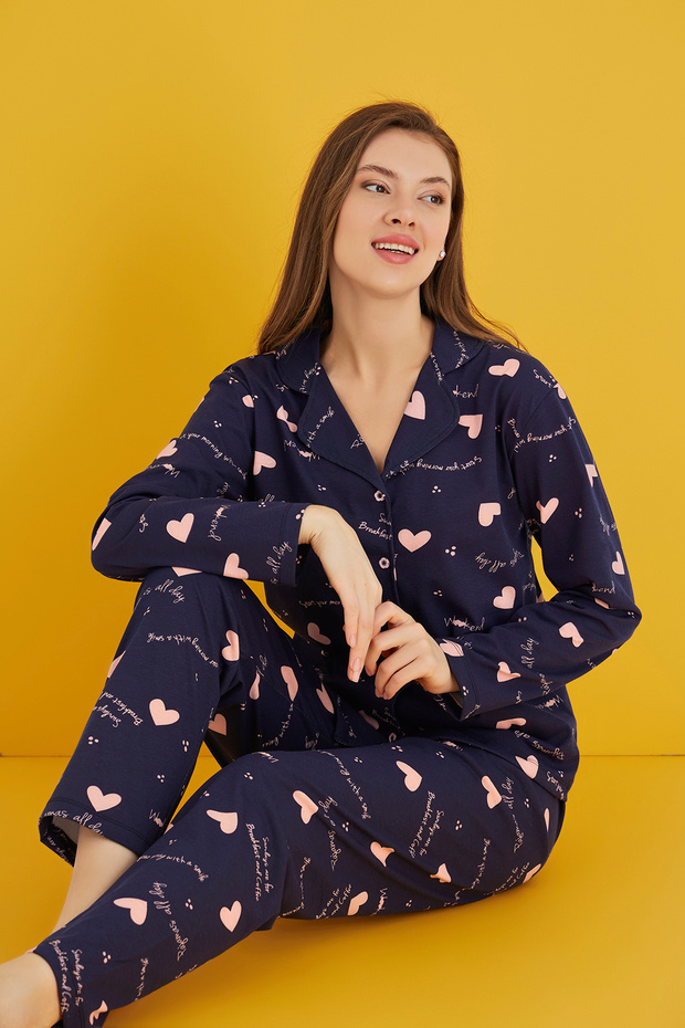 Pamuklu Düğmeli Pijama Takım - 1